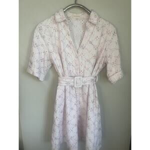 Collared Shirt Dress Eyelet Accents, Pockets, Pink,White Belted Lined Large